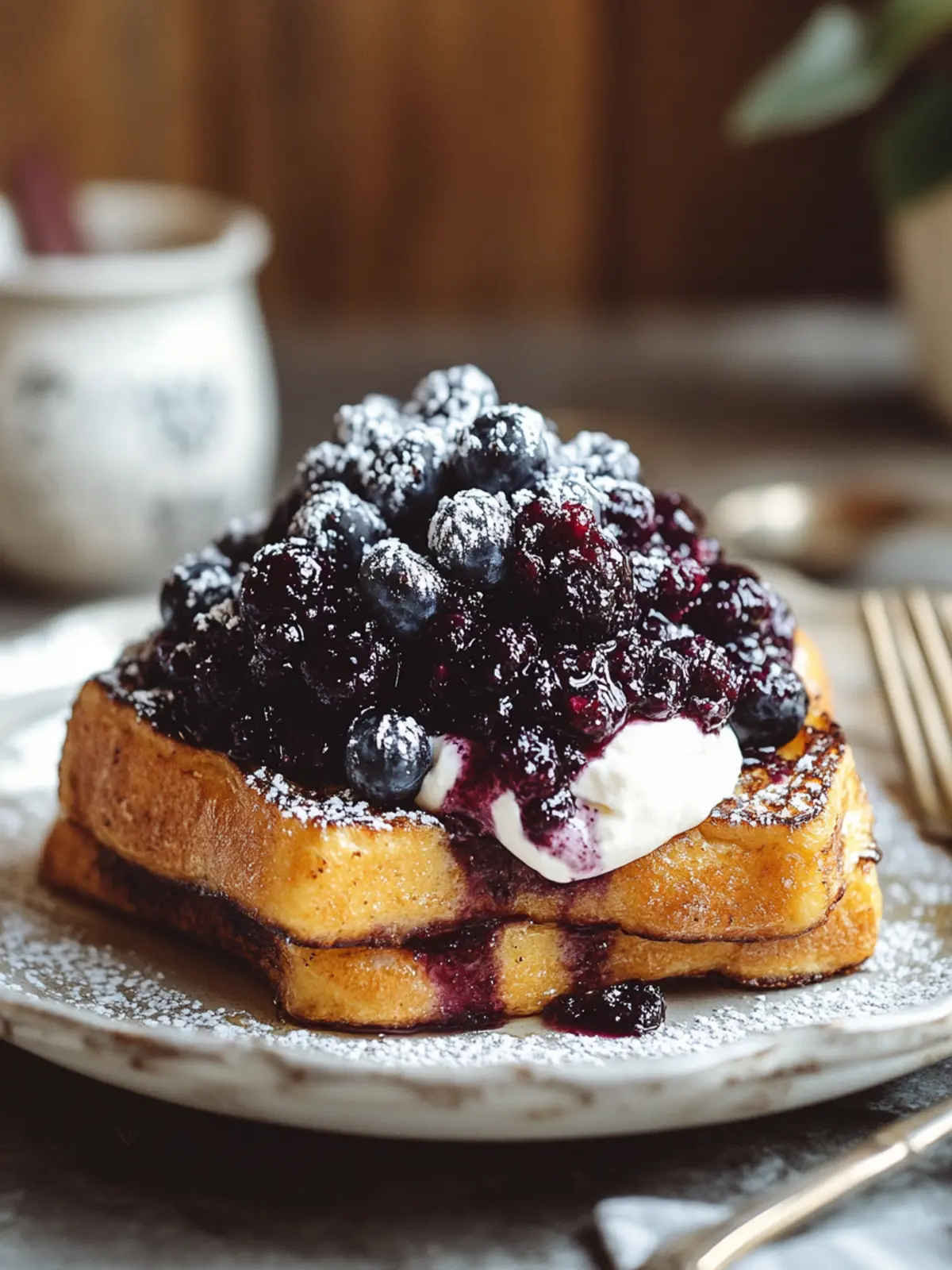 Decadent Brioche French Toast with Blueberry Compote & Crème Fraîche 4 Brioche French Toast with Blueberry Compote & Crème Fraîche