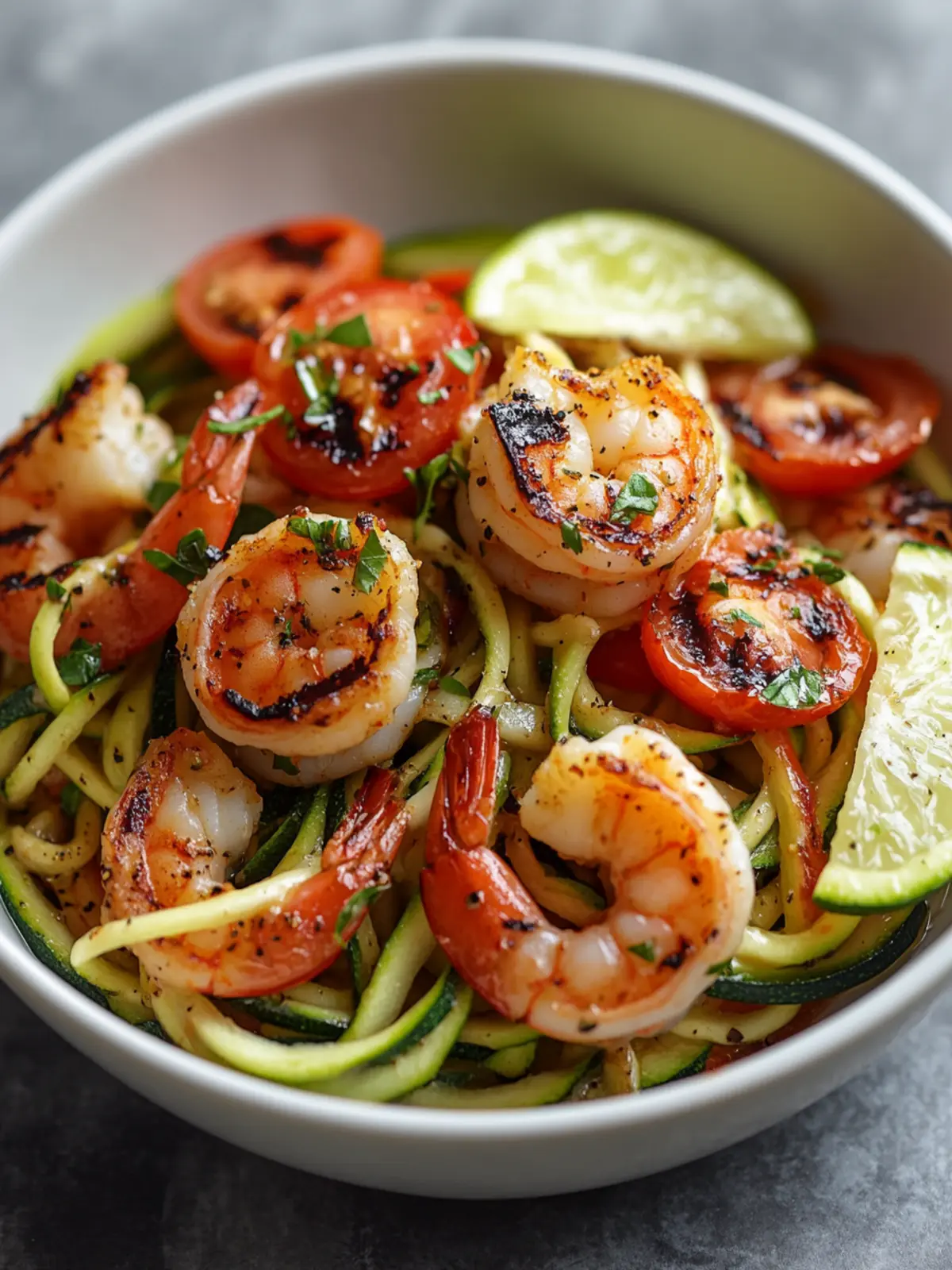 Zucchini Noodles with Tomato & Grilled Shrimp for a Light Meal 2 Zucchini Noodles with Tomato & Grilled Shrimp