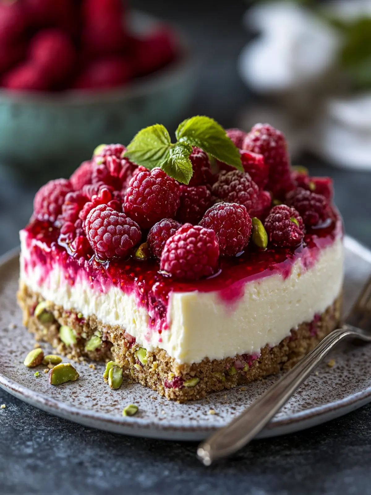 Indulge in Elegant Pistachio Raspberry Crunch Cheesecake Today 2 Elegant Pistachio Raspberry Crunch Cheesecake