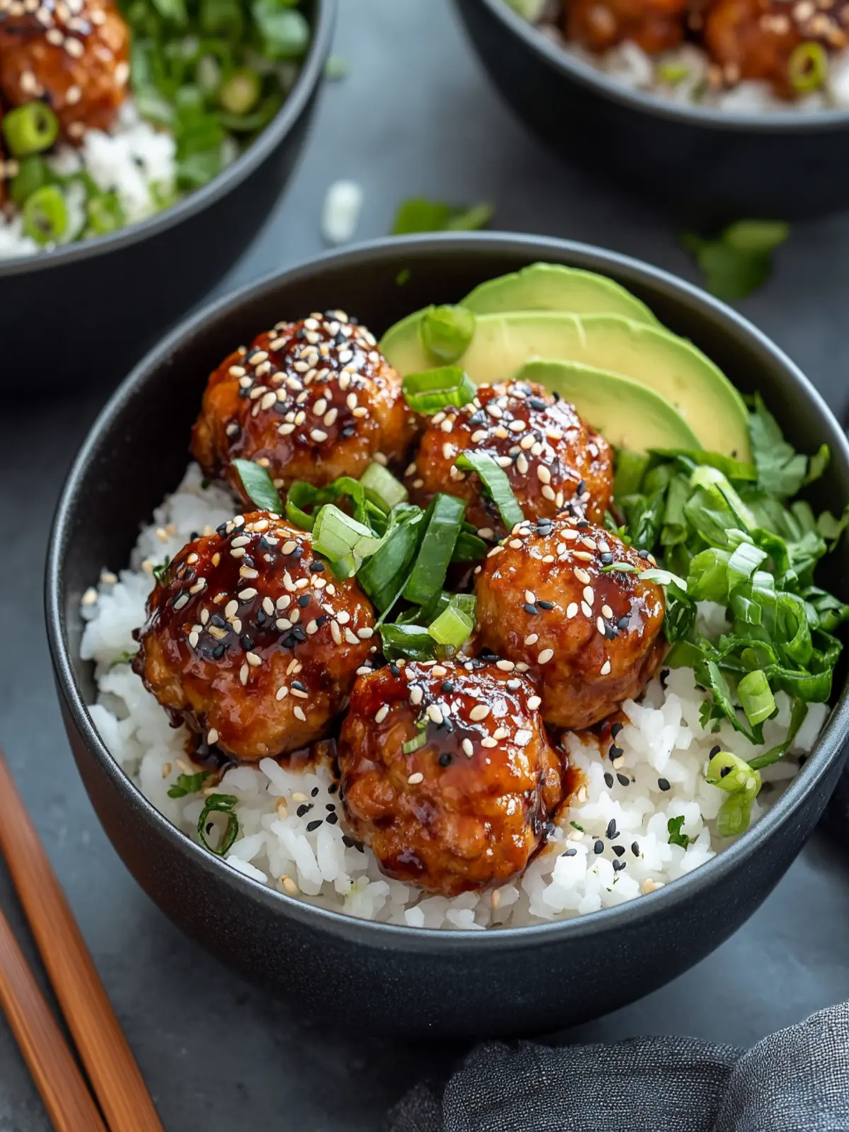 Savory Sweet & Spicy Sesame Chicken Meatballs Rice Bowls 3 Sweet & Spicy Sesame Chicken Meatballs with Rice Bowls