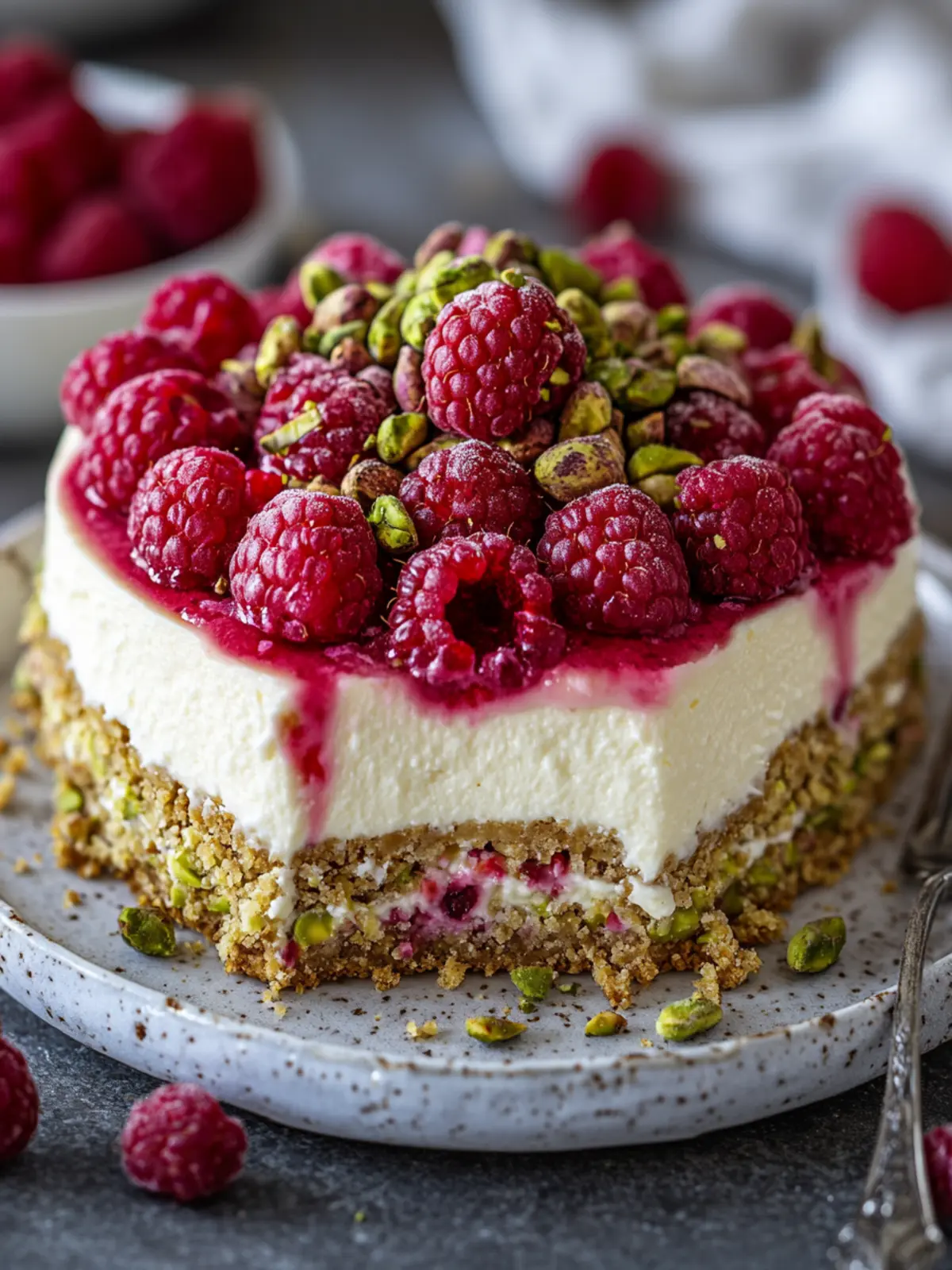 Indulge in Elegant Pistachio Raspberry Crunch Cheesecake Today 3 Elegant Pistachio Raspberry Crunch Cheesecake