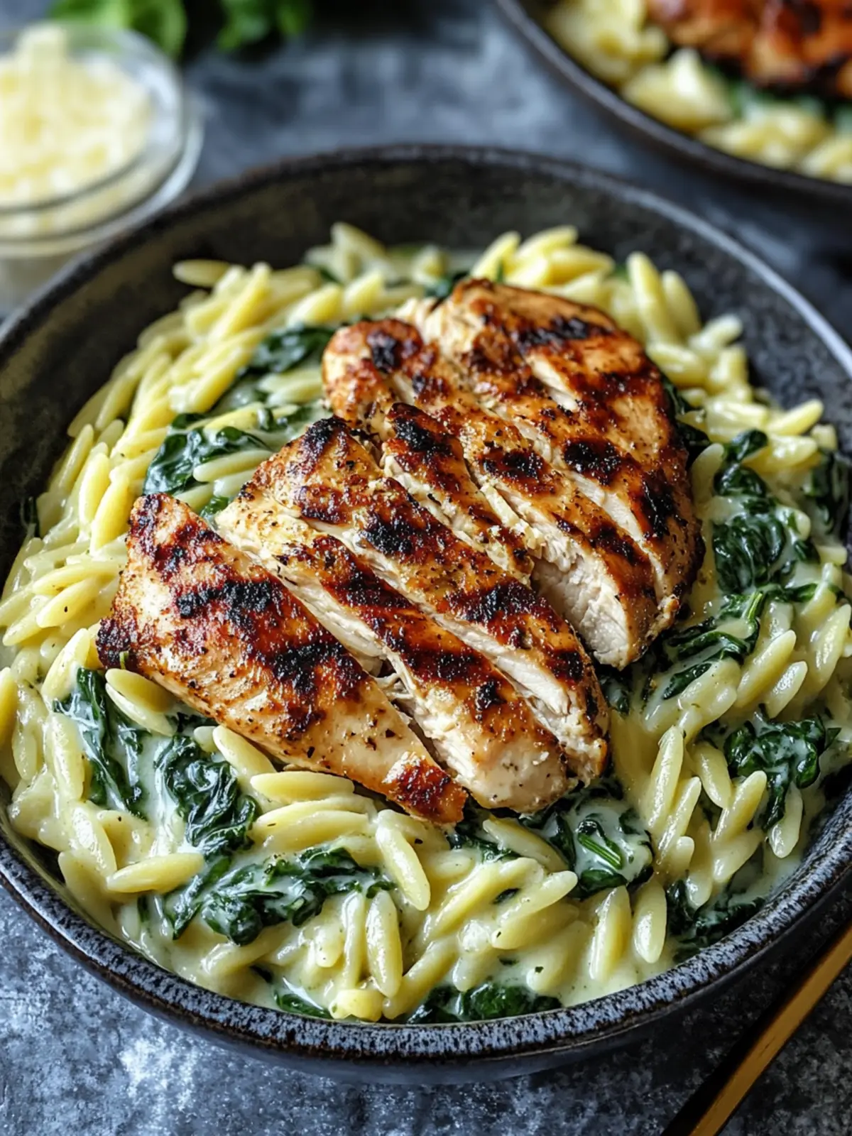 Creamy Spinach Parmesan Orzo with Grilled Chicken Bliss 4 Creamy Spinach Parmesan Orzo with Grilled Chicken