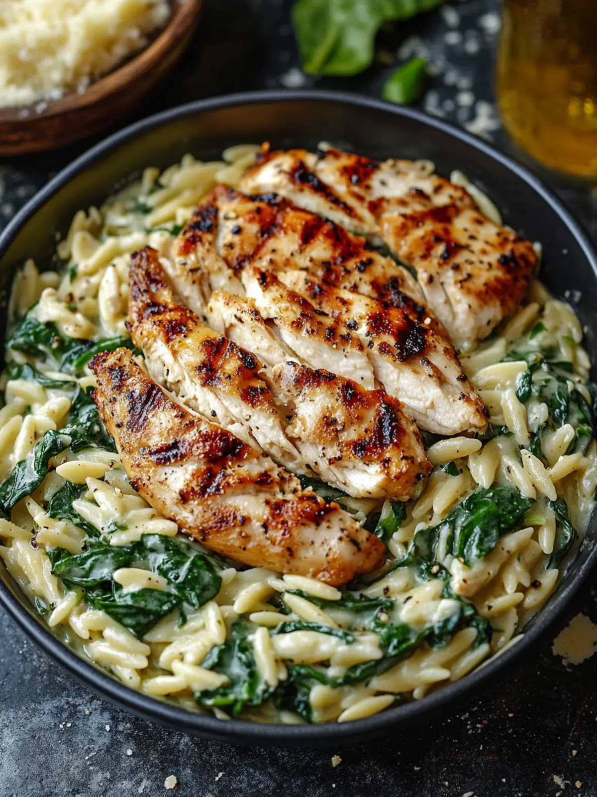Creamy Spinach Parmesan Orzo with Grilled Chicken Bliss 2 Creamy Spinach Parmesan Orzo with Grilled Chicken