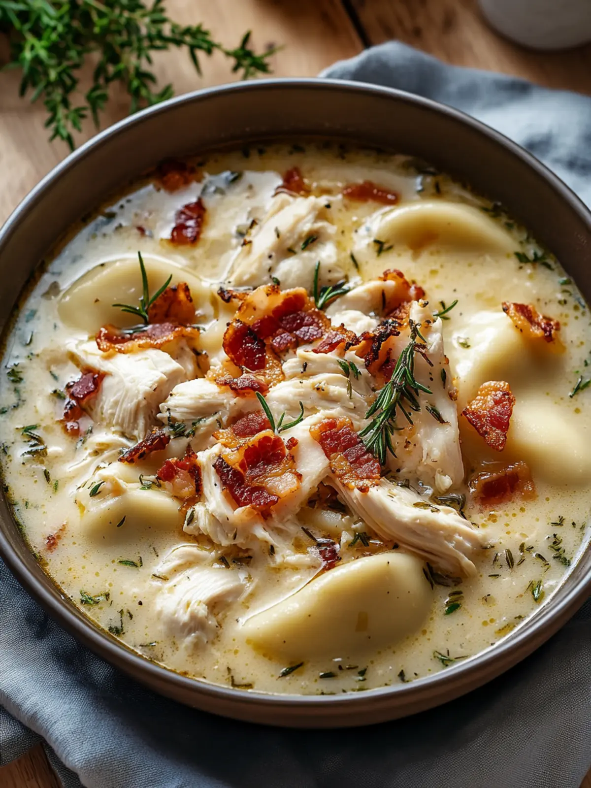 Creamy Pierogi Chicken Soup with Rosemary Bacon Bliss 4 Pierogi Chicken Soup with Rosemary Bacon Bits