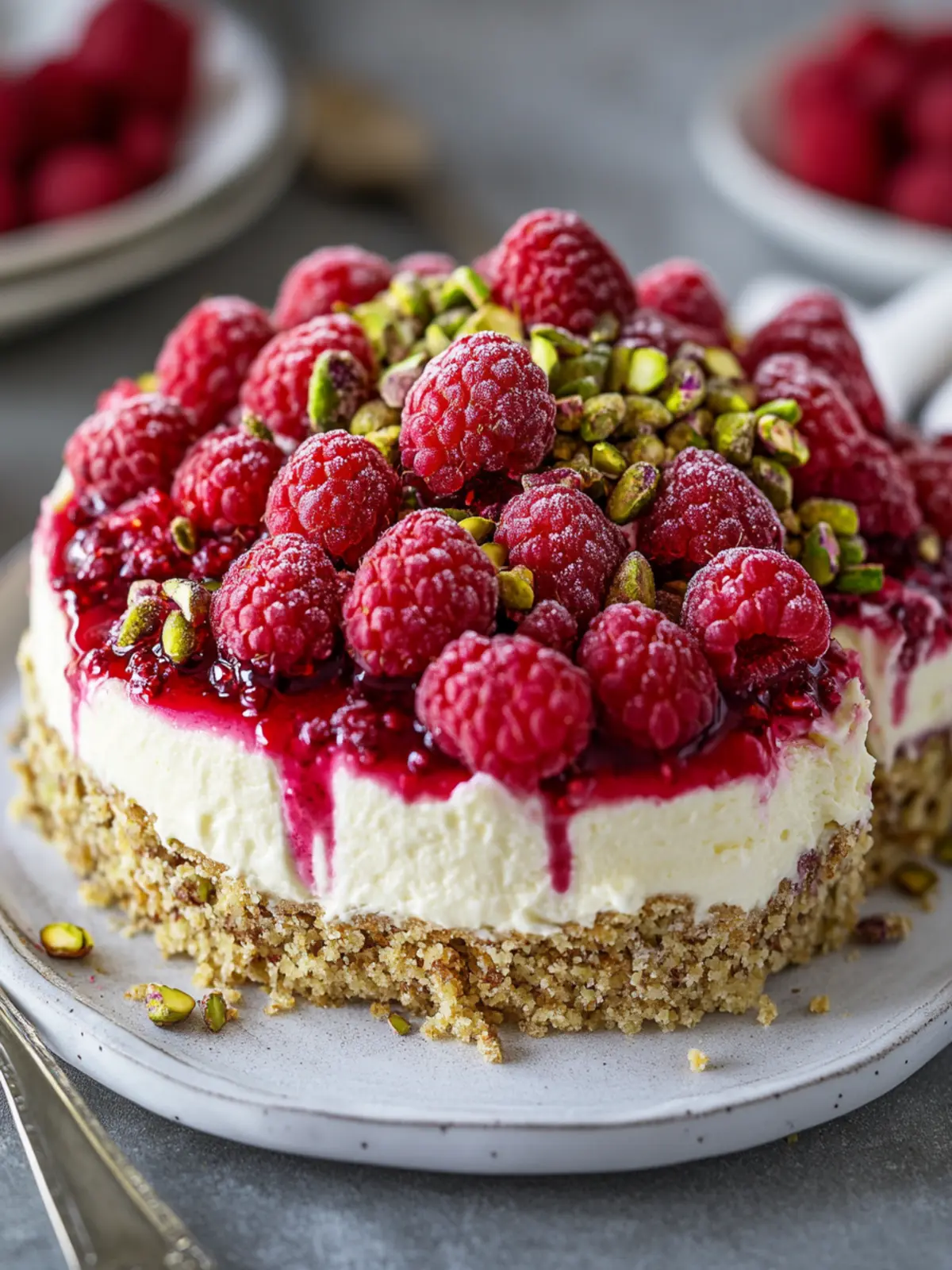 Indulge in Elegant Pistachio Raspberry Crunch Cheesecake Today 4 Elegant Pistachio Raspberry Crunch Cheesecake