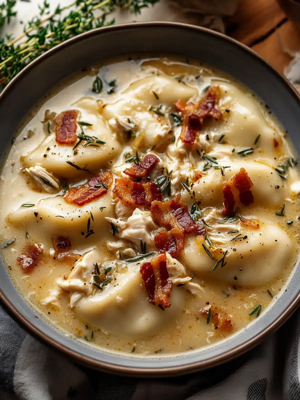 Creamy Pierogi Chicken Soup with Rosemary Bacon Bliss 3 Pierogi Chicken Soup with Rosemary Bacon Bits