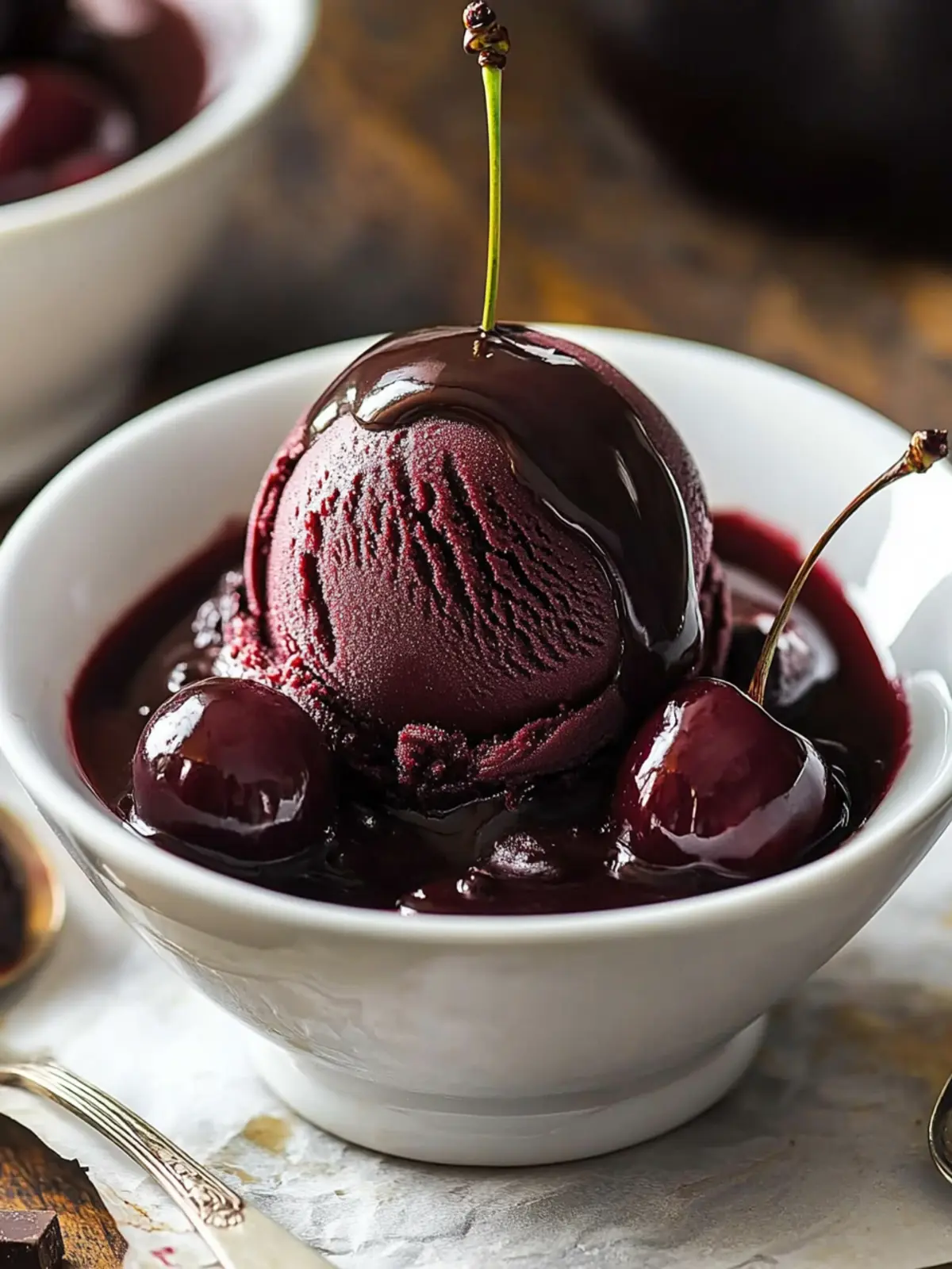 Indulge in Red Wine Ice Cream with Dark Chocolate Sauce and Cherry 2 Red Wine Ice Cream with Dark Chocolate Sauce and Cherry