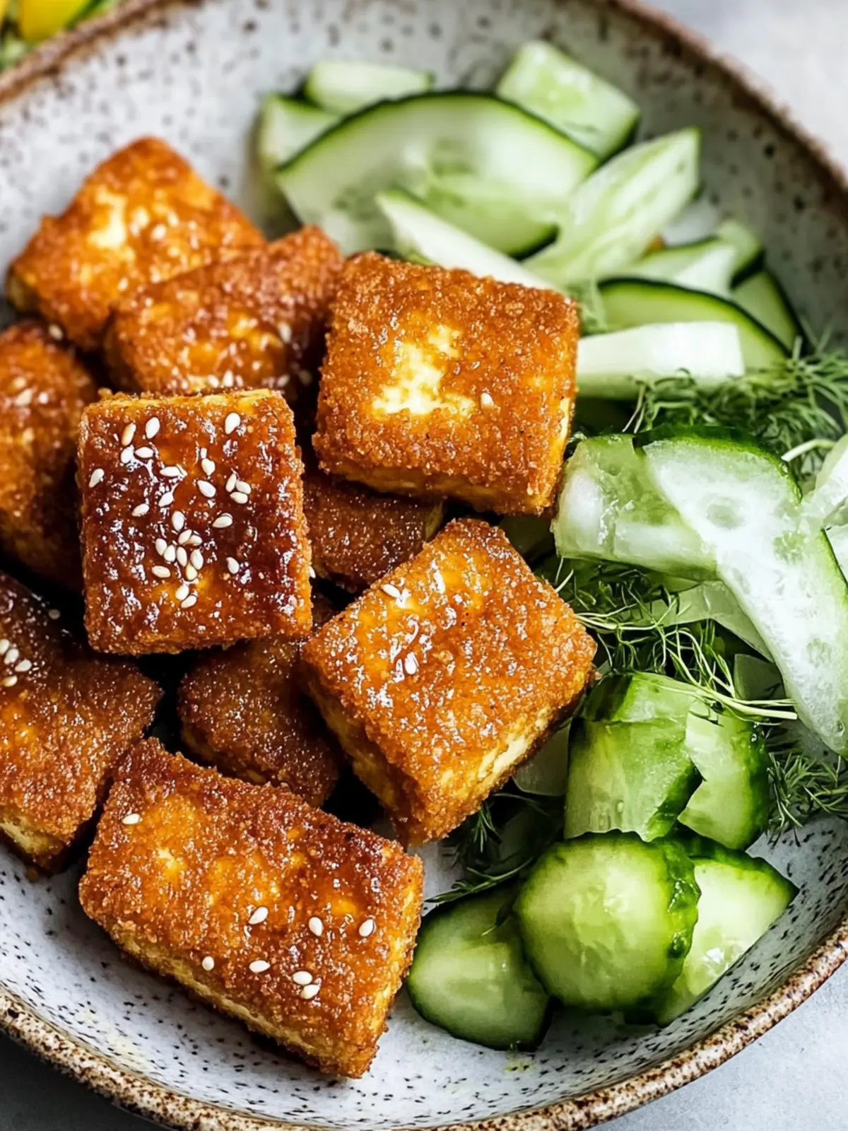 Crispy Breaded Tofu Dinner with Cucumber Salad Delight 2 Breaded tofu dinner
