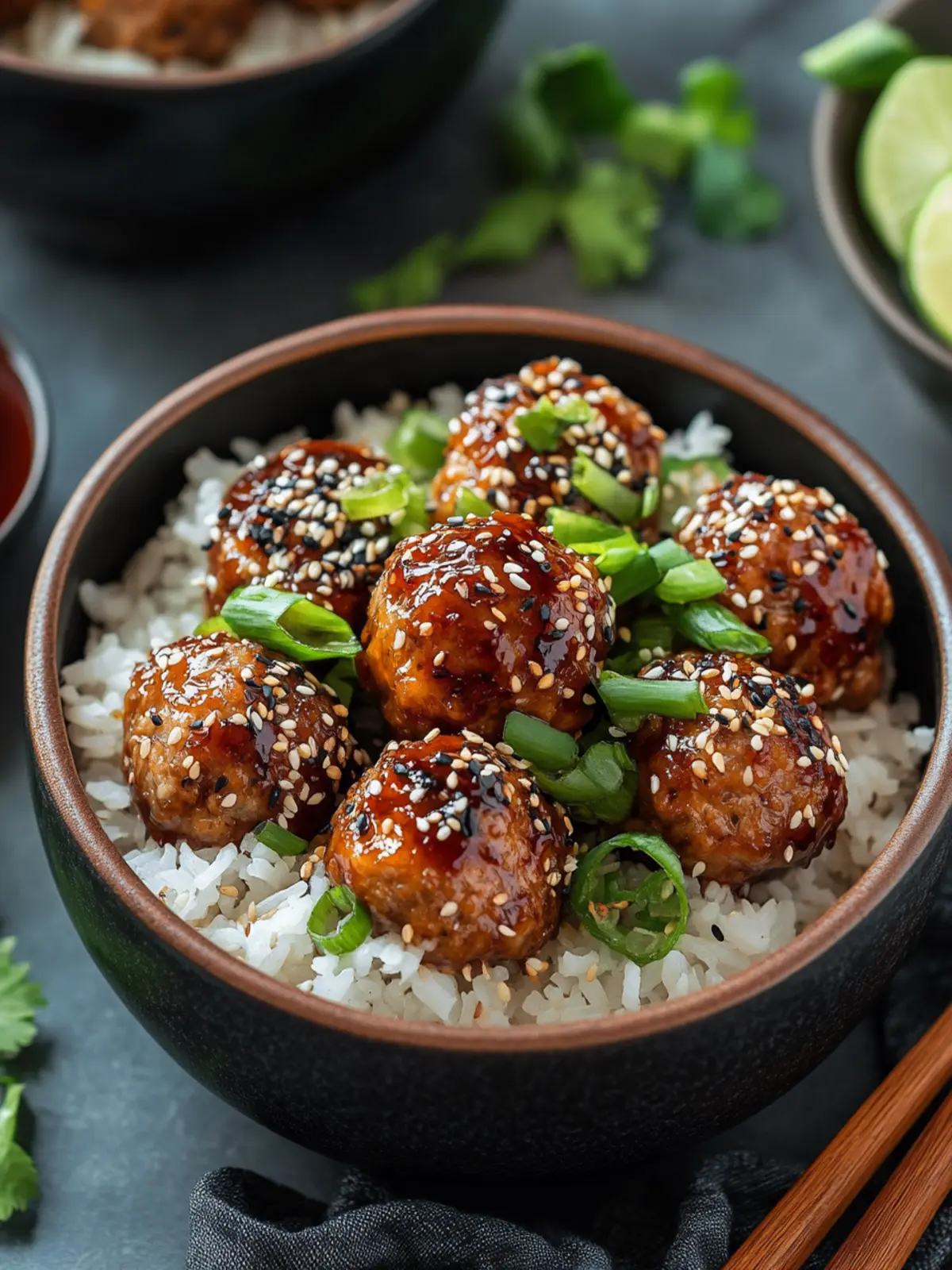 Savory Sweet & Spicy Sesame Chicken Meatballs Rice Bowls 2 Sweet & Spicy Sesame Chicken Meatballs with Rice Bowls