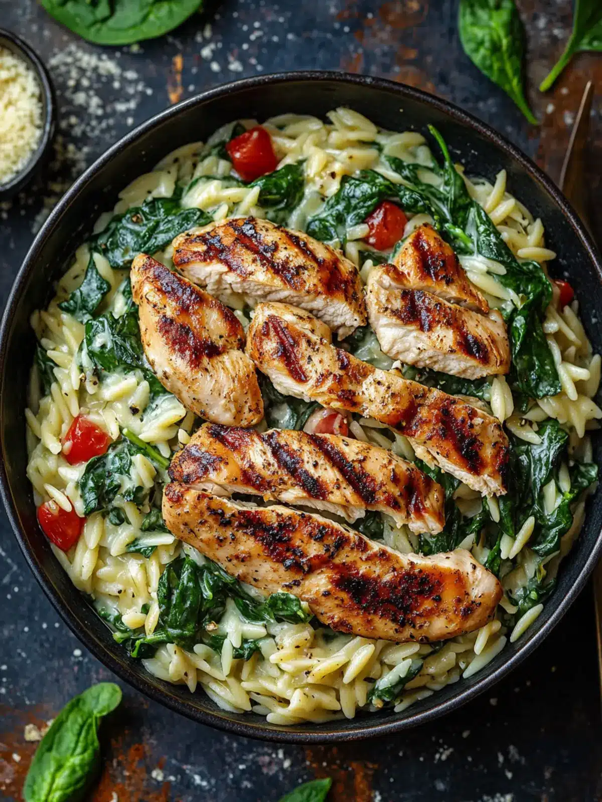 Creamy Spinach Parmesan Orzo with Grilled Chicken Bliss 3 Creamy Spinach Parmesan Orzo with Grilled Chicken