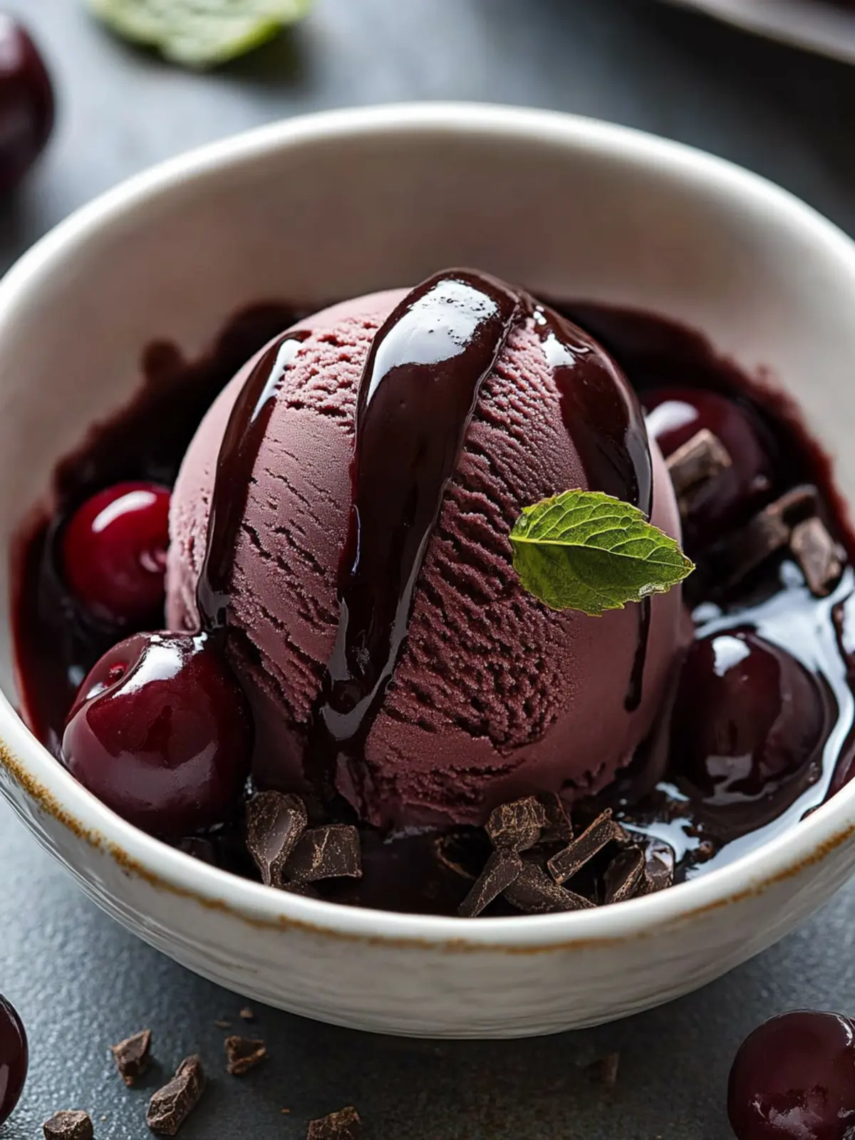 Indulge in Red Wine Ice Cream with Dark Chocolate Sauce and Cherry 4 Red Wine Ice Cream with Dark Chocolate Sauce and Cherry