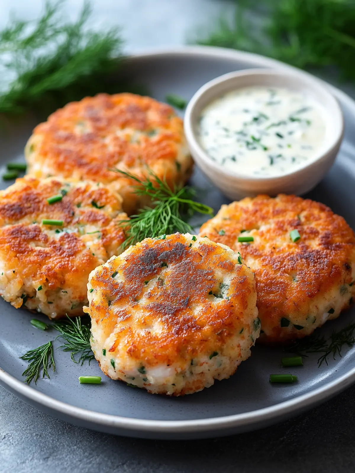 Savory Salmon Cakes with Creamy Chive and Garlic Sauce Delight 3 Salmon Cakes with Chive and Garlic Sauce