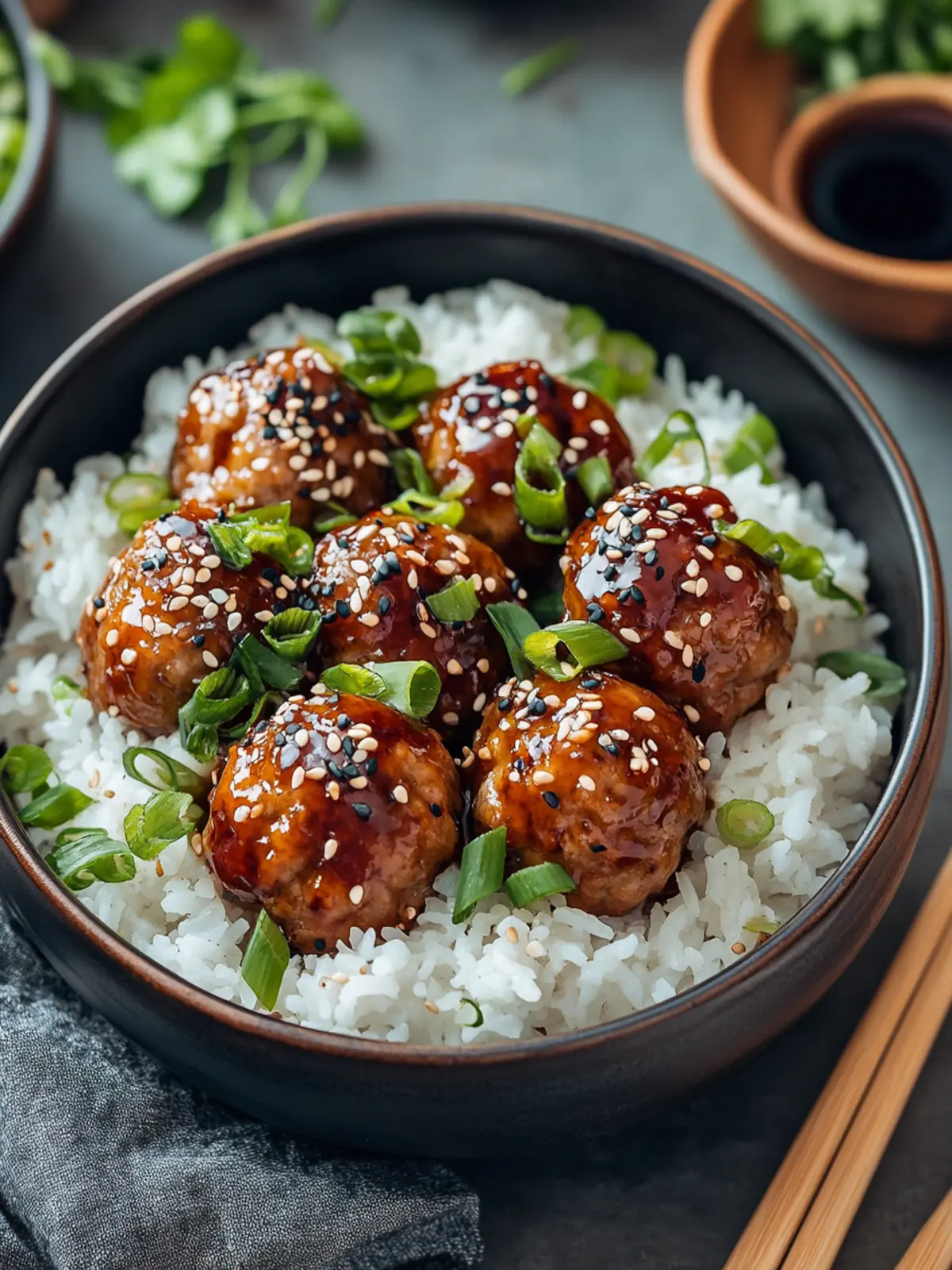 Savory Sweet & Spicy Sesame Chicken Meatballs Rice Bowls 4 Sweet & Spicy Sesame Chicken Meatballs with Rice Bowls