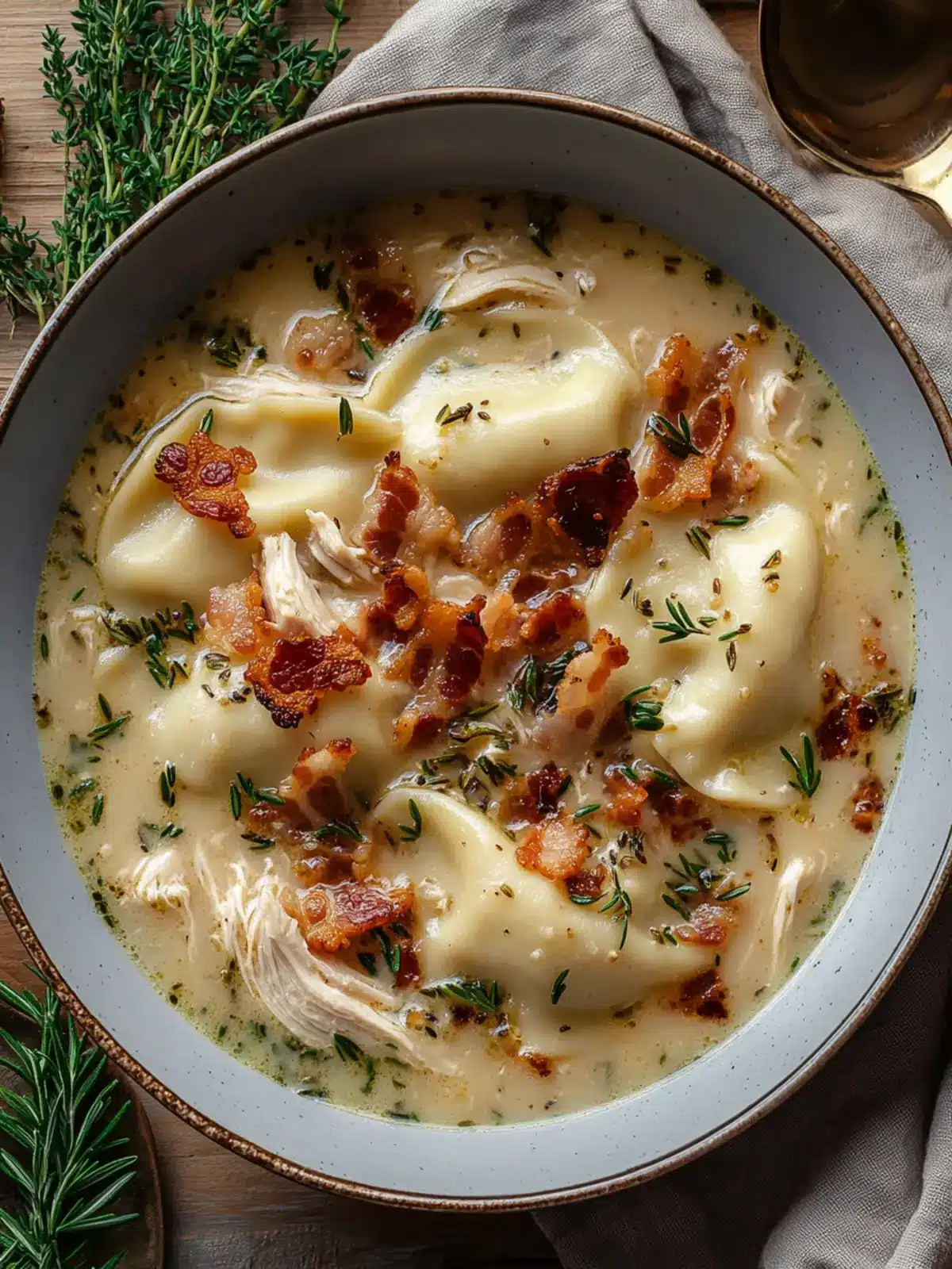 Creamy Pierogi Chicken Soup with Rosemary Bacon Bliss 2 Pierogi Chicken Soup with Rosemary Bacon Bits