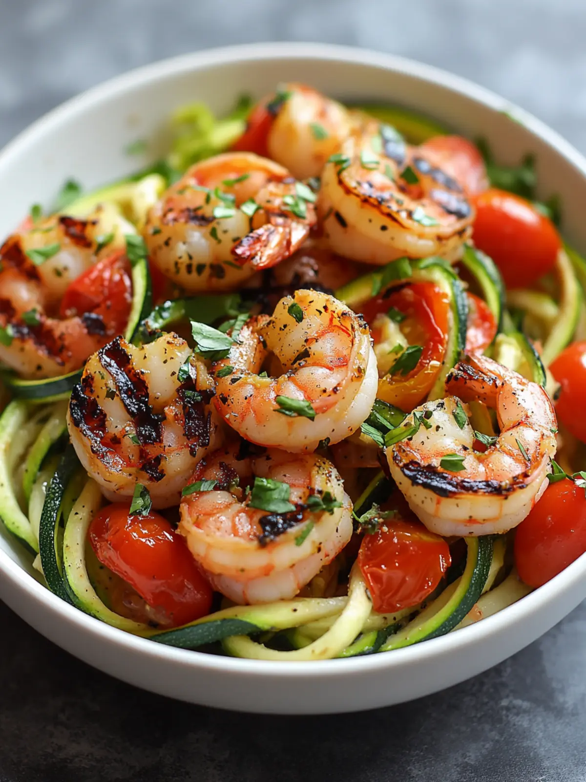 Zucchini Noodles with Tomato & Grilled Shrimp for a Light Meal 3 Zucchini Noodles with Tomato & Grilled Shrimp